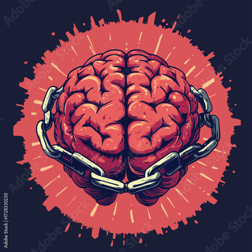 Human brain with handcuffs symbol of mental prison and restriction , vector style simple color