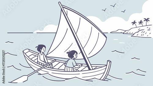 Two people sailing in a small boat towards an island with palm trees.