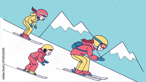 Illustration of a family with two children skiing down a snowy mountain slope in winter.