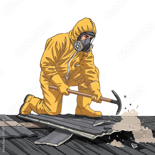 Worker in yellow hazmat suit and respirator mask using pickaxe to remove damaged roofing material, indicating hazardous substance removal