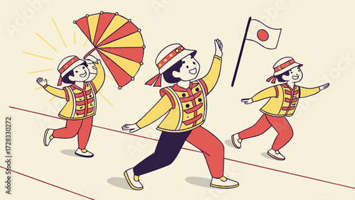 Three cheerful cartoon people in traditional attire running in a parade, one holding a Japanese flag and another an umbrella.