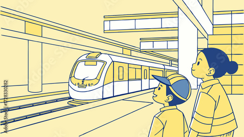 Two children excitedly watch a modern train arrive at a station platform, anticipating travel.