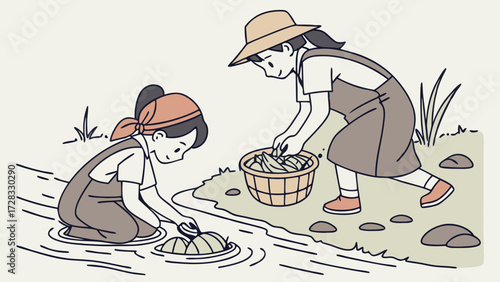 Two young girls in rustic clothing washing food in a stream and collecting it in a basket.