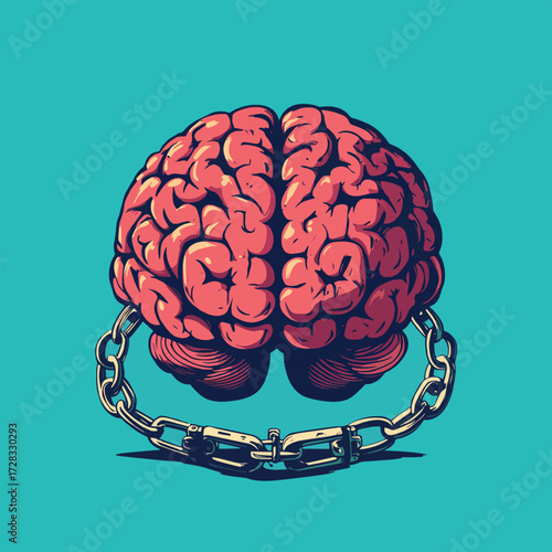 Human brain with handcuffs symbol of mental prison and restriction , vector style simple color