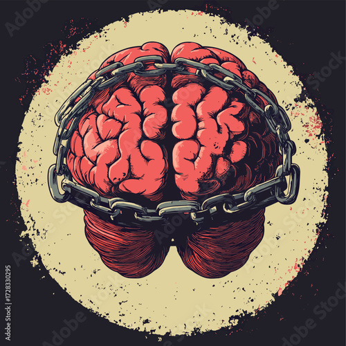 Human brain with handcuffs symbol of mental prison and restriction , vector style simple color