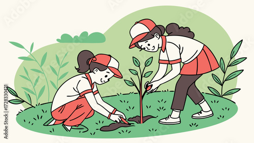 Two young girls in matching outfits planting a small tree in a grassy area with green foliage in the background.