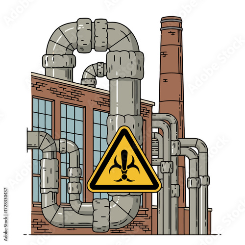 Industrial factory with pipes and biohazard warning sign, representing pollution and environmental danger
