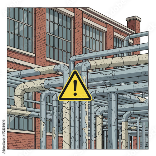 Industrial building with complex network pipes and yellow warning sign indicating hazard or danger