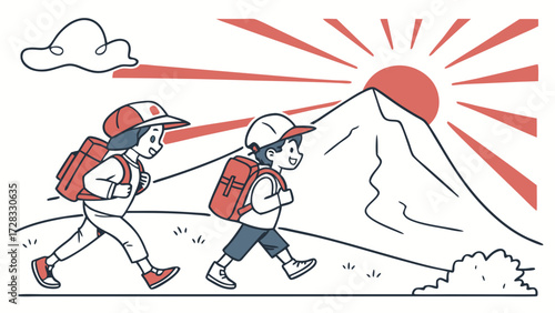 Two Japanese children with randoseru backpacks hiking towards Mount Fuji at sunrise.