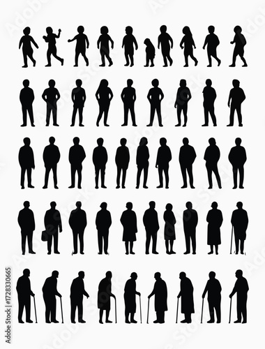 Collection of diverse human figures in silhouette representing various ages and poses against a plain background silhouette