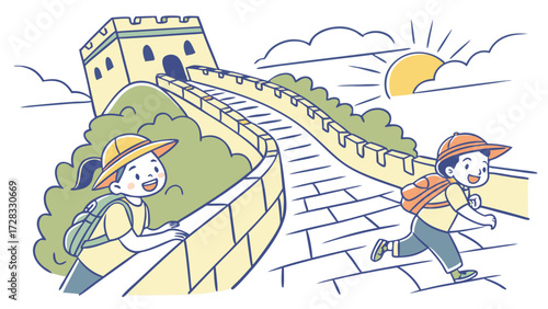Two children with backpacks exploring the Great Wall of China on a sunny day.