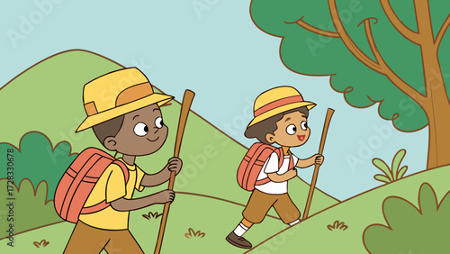 Two young children, wearing hats and backpacks, hike uphill with walking sticks on a sunny day.