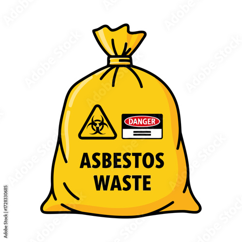 Yellow bag labeled asbestos waste with danger and biohazard symbols