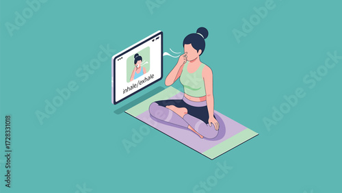 Mindful Breathing Exercise Online with Yoga Mat - Isometric Vector Illustration of Woman Following Digital Guide for Wellness