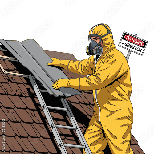 Worker in protective suit removing roof tiles from damaged roof, with danger asbestos sign nearby