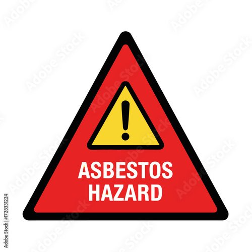 Red triangular warning sign with yellow exclamation mark and the text asbestos hazard denoting hazardous material alert
