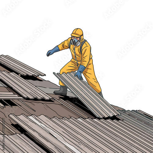Worker in protective suit removing corrugated roofing material