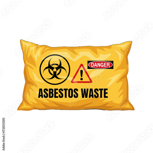 Yellow bag labeled asbestos waste with biohazard and danger symbols, indicating hazardous material disposal