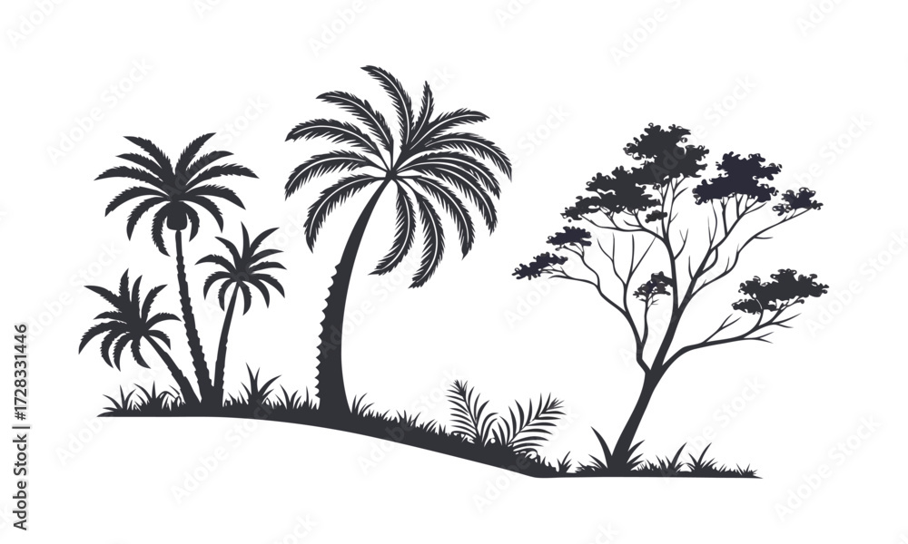 Obraz premium Palm Tree Silhouette Set Minimal Tropical Vector illustration Icons on White, t-shirt design elements, Silhouette tree, easily editable.