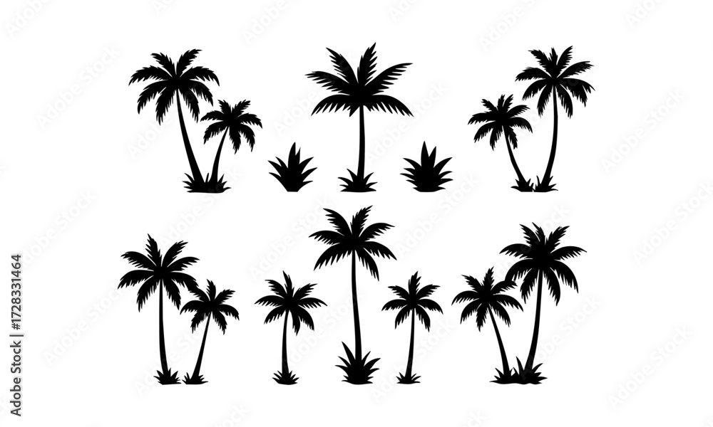 Naklejka premium Palm Tree Silhouette Set Minimal Tropical Vector illustration Icons on White, t-shirt design elements, Silhouette tree, easily editable.
