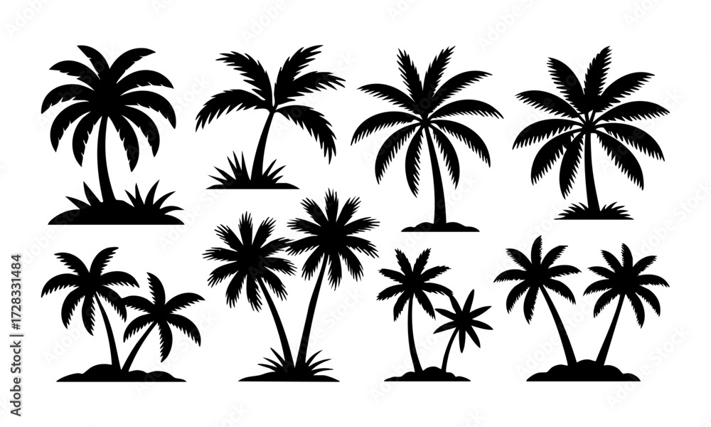 Fototapeta premium Palm Tree Silhouette Set Minimal Tropical Vector illustration Icons on White, t-shirt design elements, Silhouette tree, easily editable.