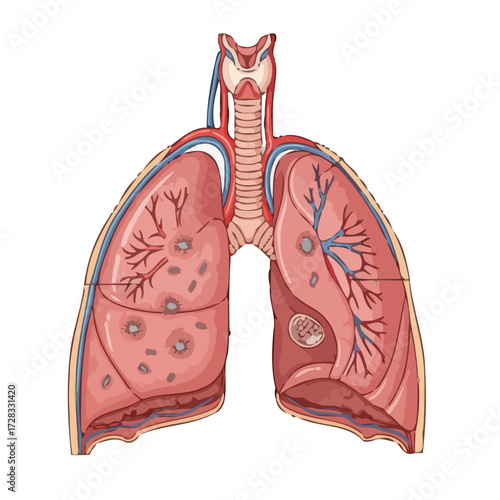 Human lungs showing damage and lesions, representing the harmful effects asbestos inhalation on respiratory health