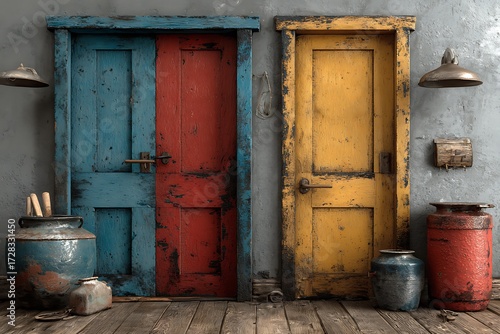 Wallpaper Mural Weathered wooden doors blue red yellow image Torontodigital.ca