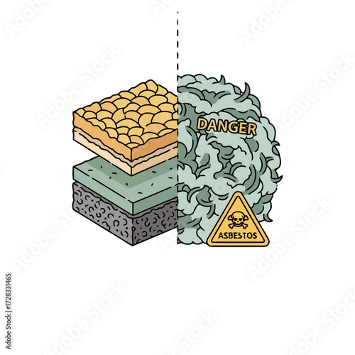 Split image showing layered building material on one side and mass dangerous asbestos fibers on the other