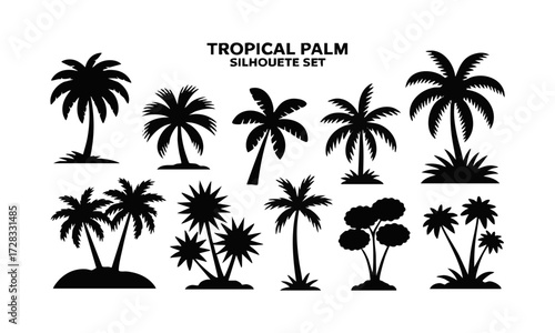 Palm Tree Silhouette Set Minimal Tropical Vector illustration Icons on White, t-shirt design elements, Silhouette tree, easily editable.