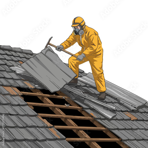 Worker in protective suit and mask removing asbestos roof tiles with hammer, demonstrating hazardous material abatement and safety precautions