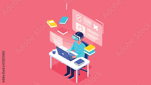 Vector Isometric Illustration of Student Immersed in VR Headset for Digital Learning and Online Education
