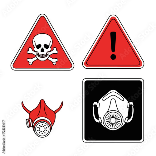 Set four warning signs including skull and crossbones, an exclamation mark, and two different respirator masks