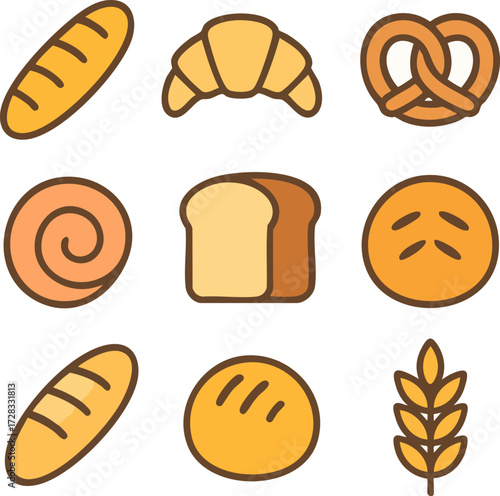 Assortment of freshly baked bread and pastries icons.