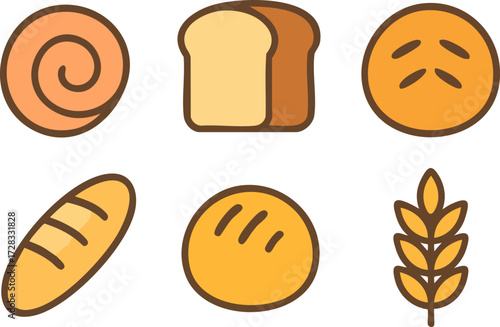 Assortment of Freshly Baked Breads and Wheat Icon Set.