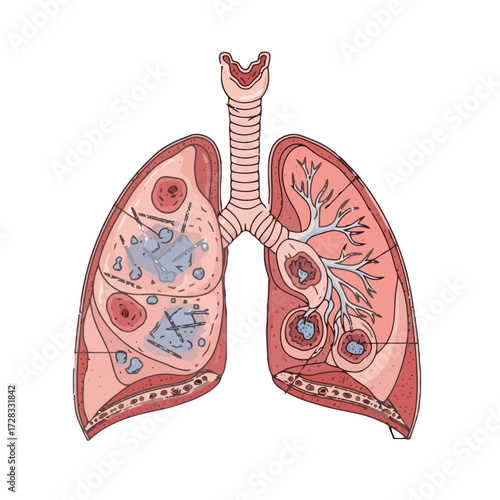 Human lungs showing internal damage and inflammation, possibly caused by asbestos exposure, with trachea and bronchi visible