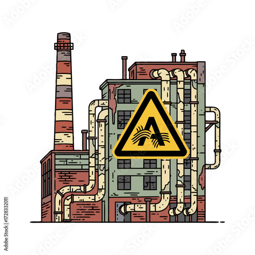 Industrial factory building with tall smokestack and pipes, featuring prominent yellow hazard triangle sign with asbestos symbol