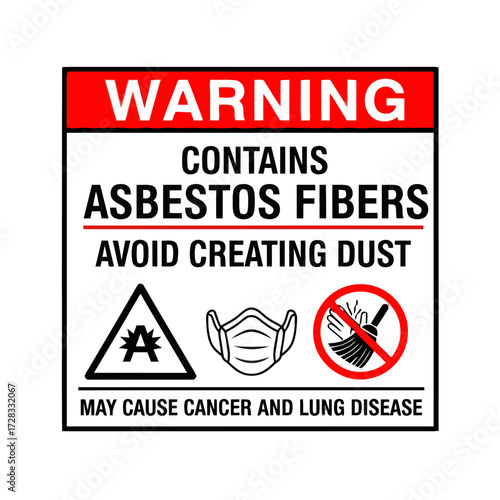 Warning sign indicating asbestos fibers, avoid creating dust, may cause cancer and lung disease, with hazard symbols and mask icon