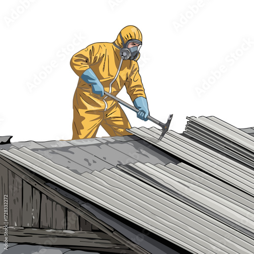 Worker in protective suit and gas mask removing asbestos roofing material with tool on dilapidated roof