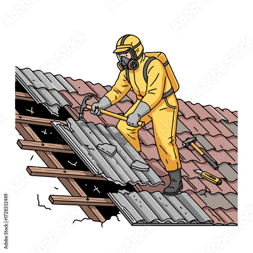 Worker in protective suit and gas mask removing asbestos roof tiles with hammer, highlighting the dangers hazardous material removal and construction safety