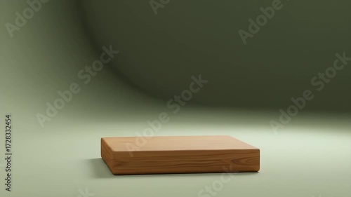 A wood grain textured cube on a muted olive green backdrop with a curved wall
