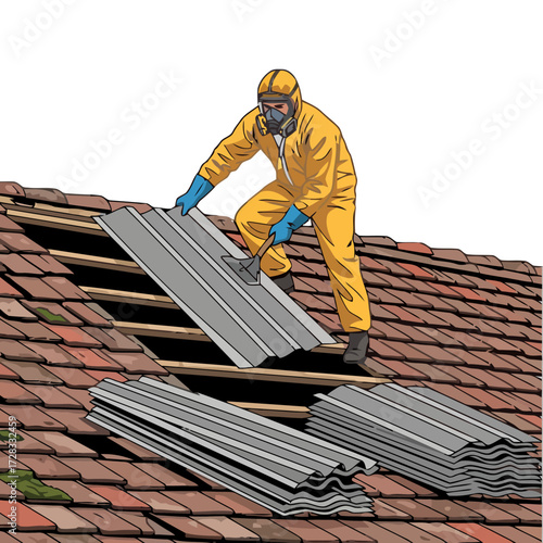Worker in protective suit removing corrugated metal sheets from damaged roof, renovation or repair work