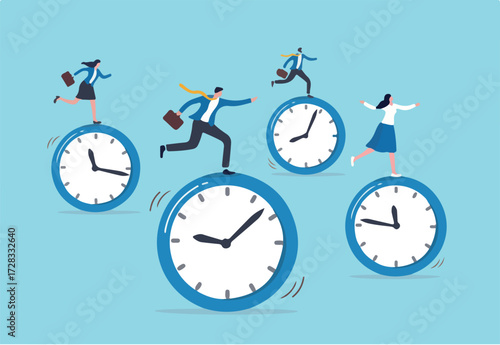 Deadline or busy work, time management, team productivity, work efficiency or fast speed to complete within time countdown, performance concept, business people riding clock to finish work assignment.