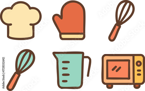 Cute cartoon baking and cooking utensils set for kitchen activities.