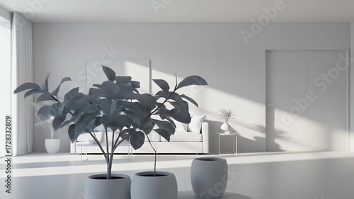 Bright white minimalist interior, soft light, plant life, and a modern simple sofa