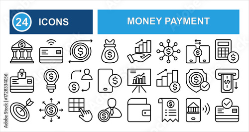 Money payment line icon set with editable stroke, trend, global, calculator, tag, NFT, bank, protection, investment, credit card, and pin code in clean thin linear style.
