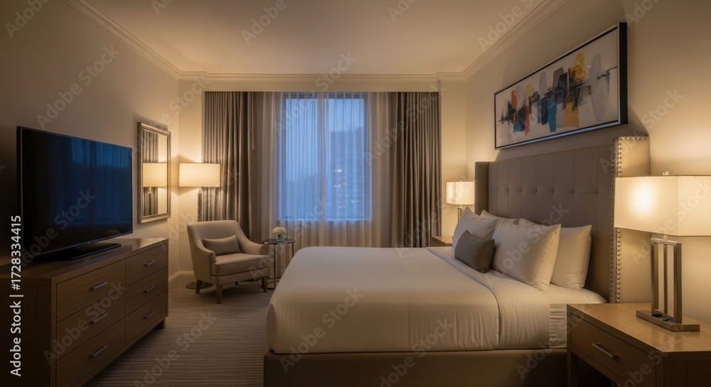 Fototapeta premium Cozy hotel room ambiance with comfortable bed and soft lighting for relaxation