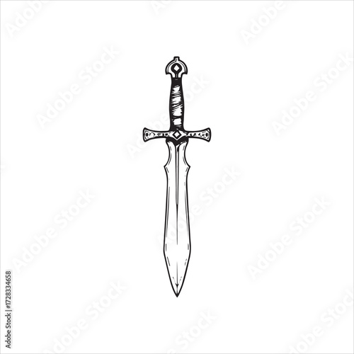 Illustration of a medieval sword with a detailed hilt, a crossguard, and a sharp blade, isolated on a white background.
