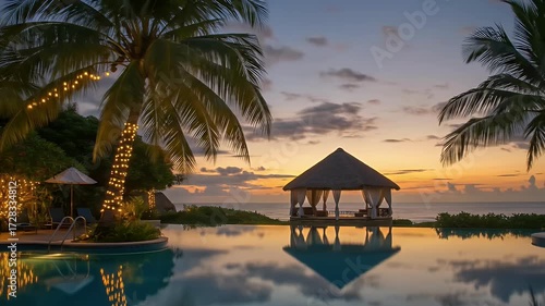 Infinity pool reflects gazebo and sunset sky, palm trees with lights surround