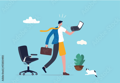Hybrid work after covid-19 crisis, employee choice to work remotely from home or on site office for best productivity and result concept, businessman with hybrid cloth work both from home and office.
