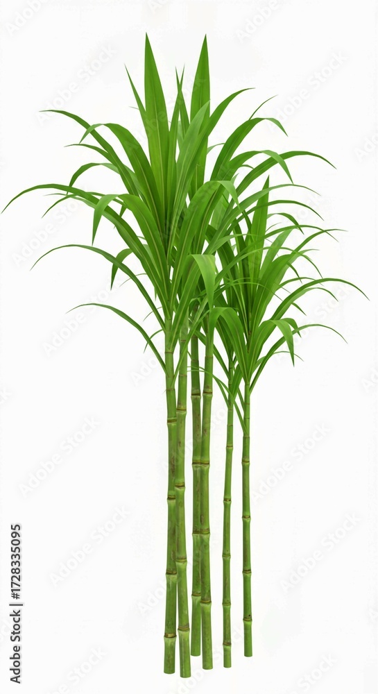 Obraz premium bamboo leaves isolated on white background, Hand drawn illustration of sugarcane stalks, leaves, realistic art style. Multiple green stalks with segmented texture, long leaves. White background isolat